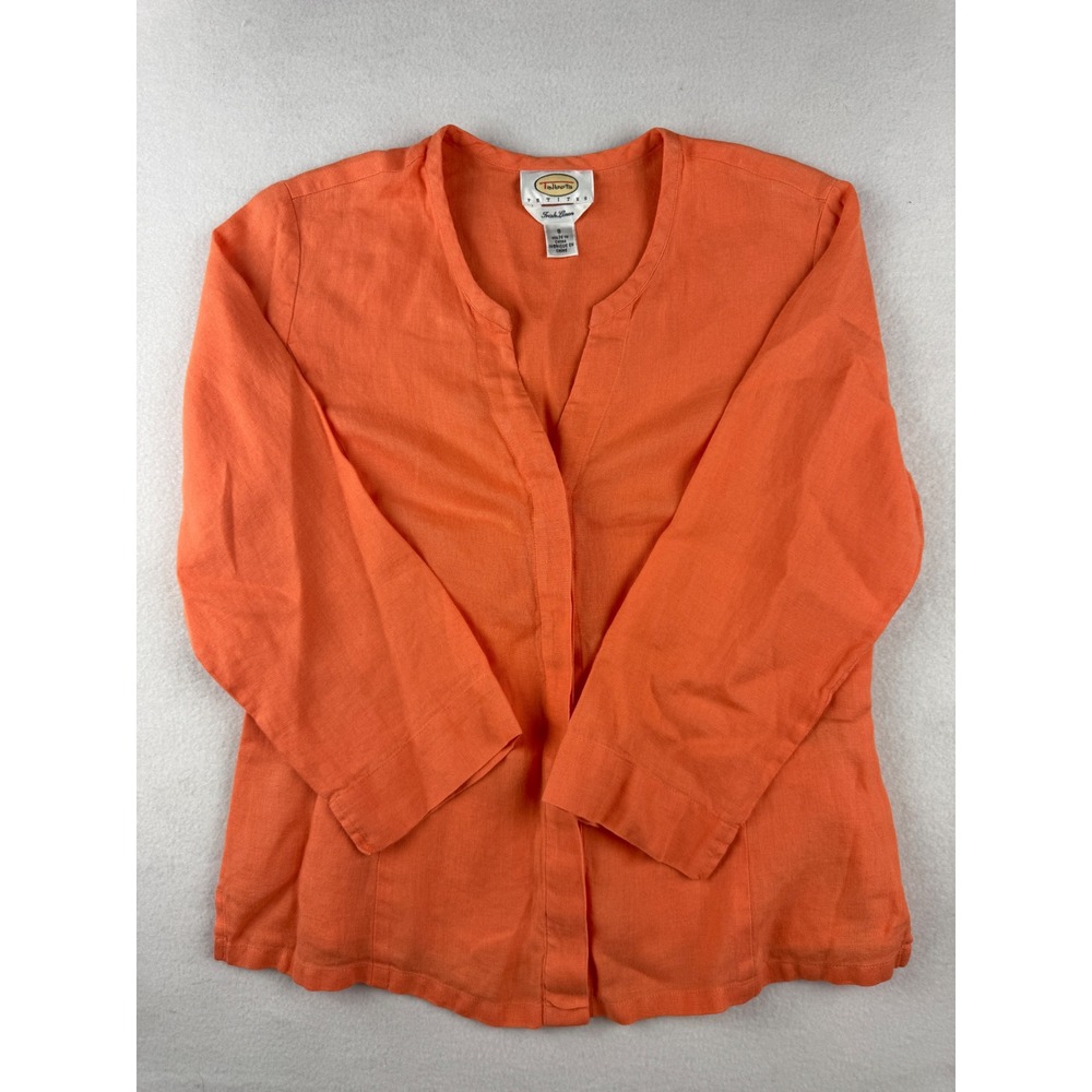 Talbots Petites Orange Irish Linen Split Neck Button Front Blouse Size 8P